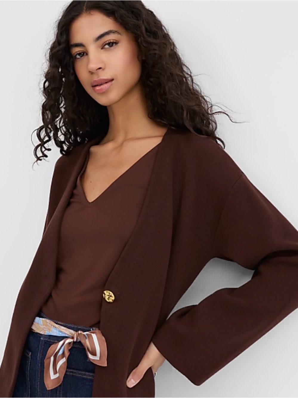 LOFT Brown Cardigan with Hammered Metallic Button